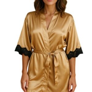VINTAGE Fredericks of Hollywood Satin Lace Robe Gold Wrap Tie Waist Size L